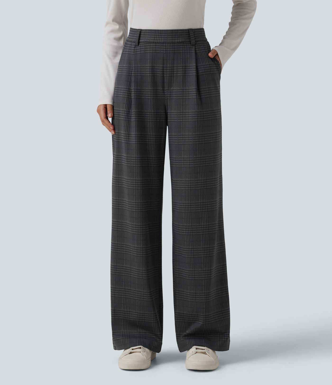 Halara Flex™ High Waisted Straight Leg Plaid Work Trousers with Pockets