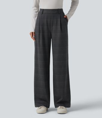 Halara Flex™ High Waisted Straight Leg Plaid Work Trousers with Pockets