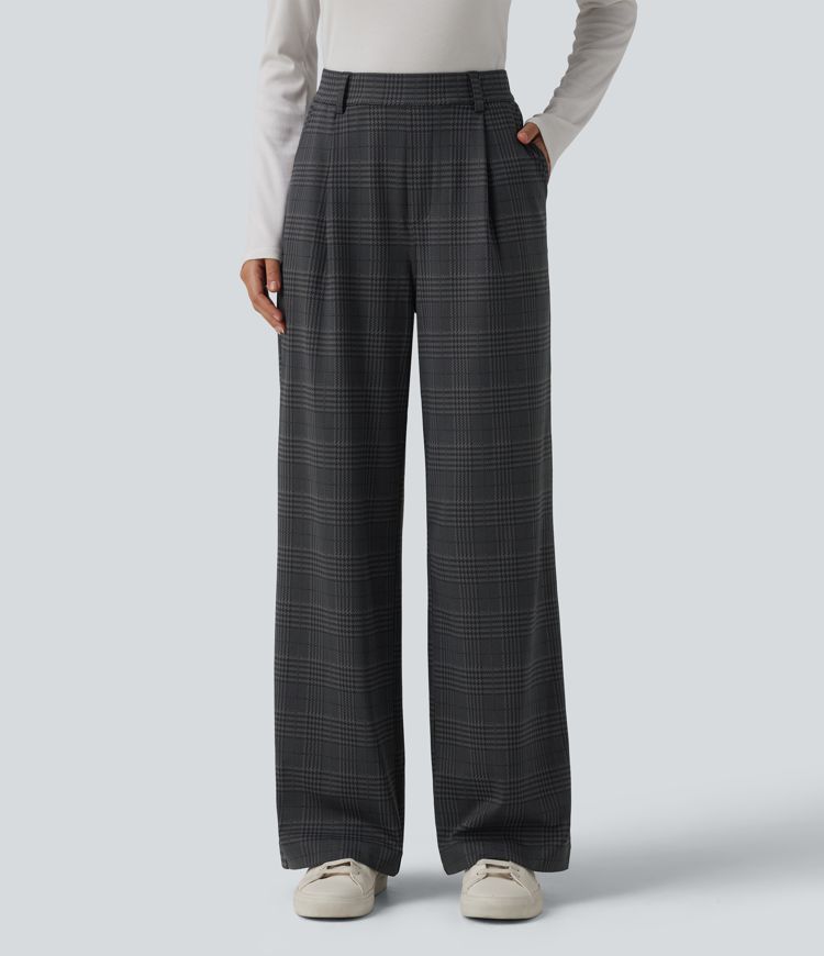 Halara Flex™ High Waisted Straight Leg Plaid Work Trousers with Pockets