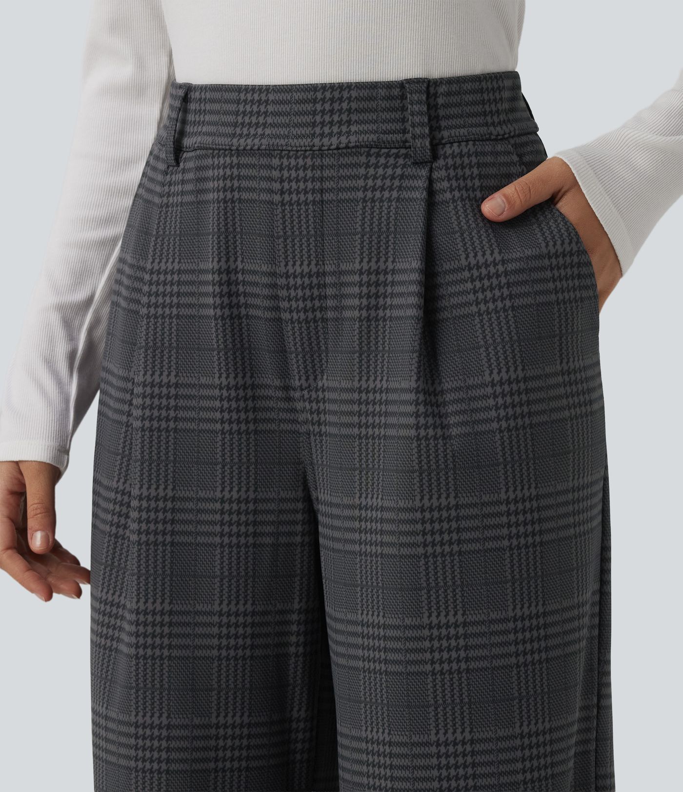 Halara Flex™ High Waisted Straight Leg Plaid Work Trousers with Pockets