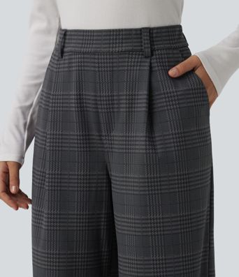 Halara Flex™ High Waisted Straight Leg Plaid Work Trousers with Pockets