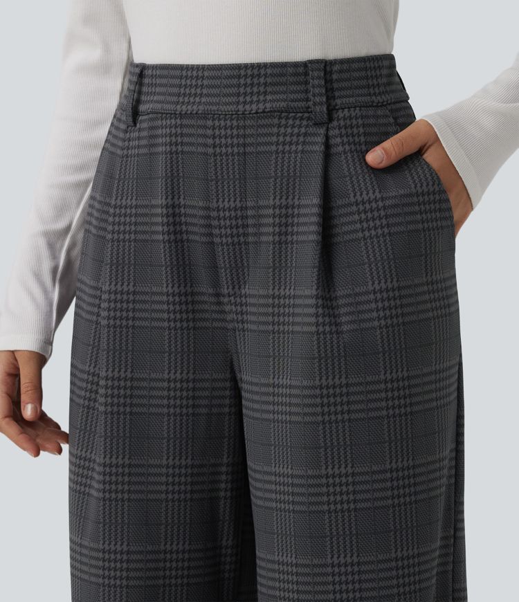 Halara Flex™ High Waisted Straight Leg Plaid Work Trousers with Pockets