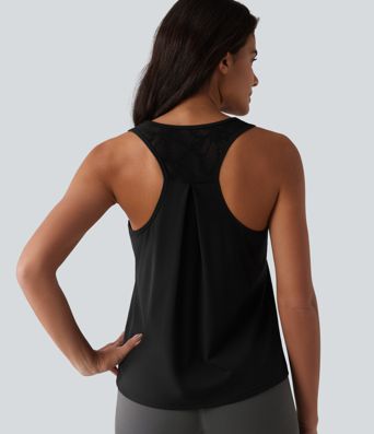 SoftlyZero™ ademende racerback-tanktop voor workouts met contrasterend kant en koel aanvoelende stof - UPF50+