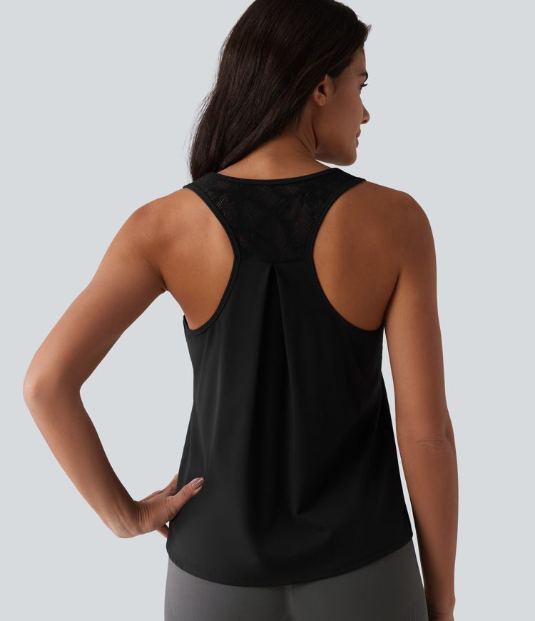 SoftlyZero™ ademende racerback-tanktop voor workouts met contrasterend kant en koel aanvoelende stof - UPF50+