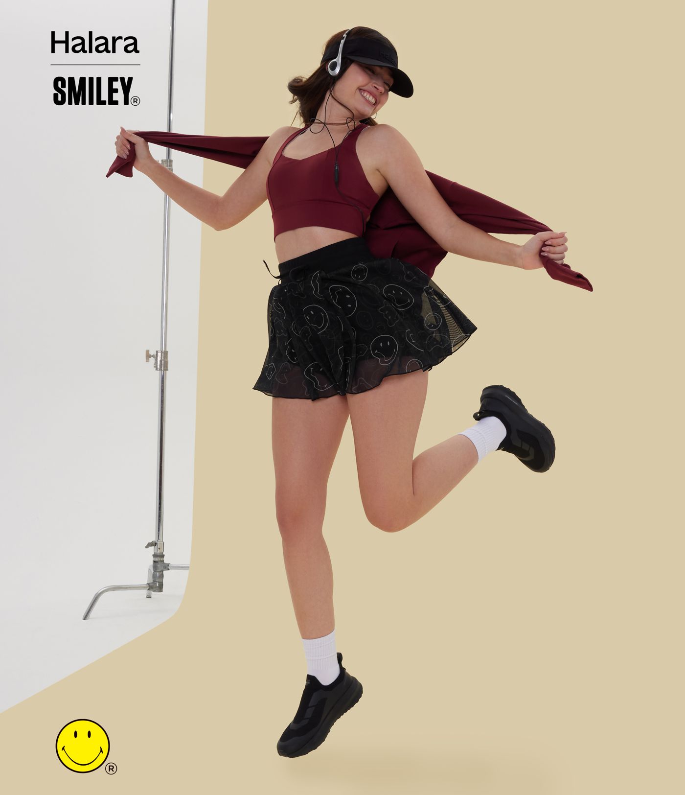 Halara X Smiley High Waisted Drawstring Contrast Mesh 2-in-1 Flowy Mini Flare Dance Skirt with Pockets