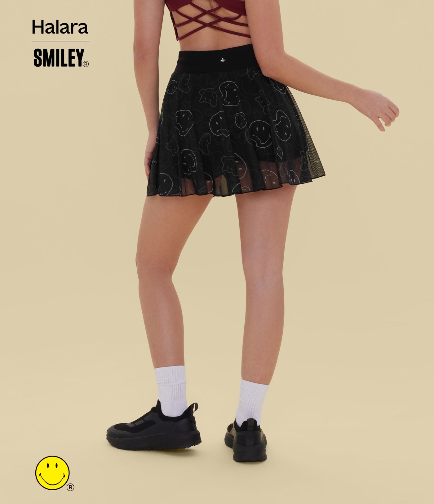 Halara X Smiley High Waisted Drawstring Contrast Mesh 2-in-1 Flowy Mini Flare Dance Skirt with Pockets