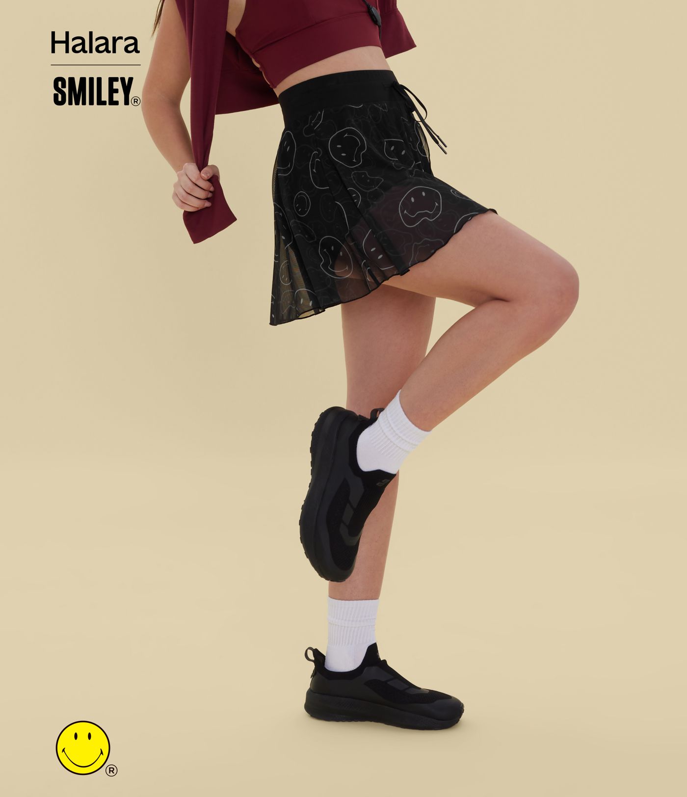 Halara X Smiley High Waisted Drawstring Contrast Mesh 2-in-1 Flowy Mini Flare Dance Skirt with Pockets