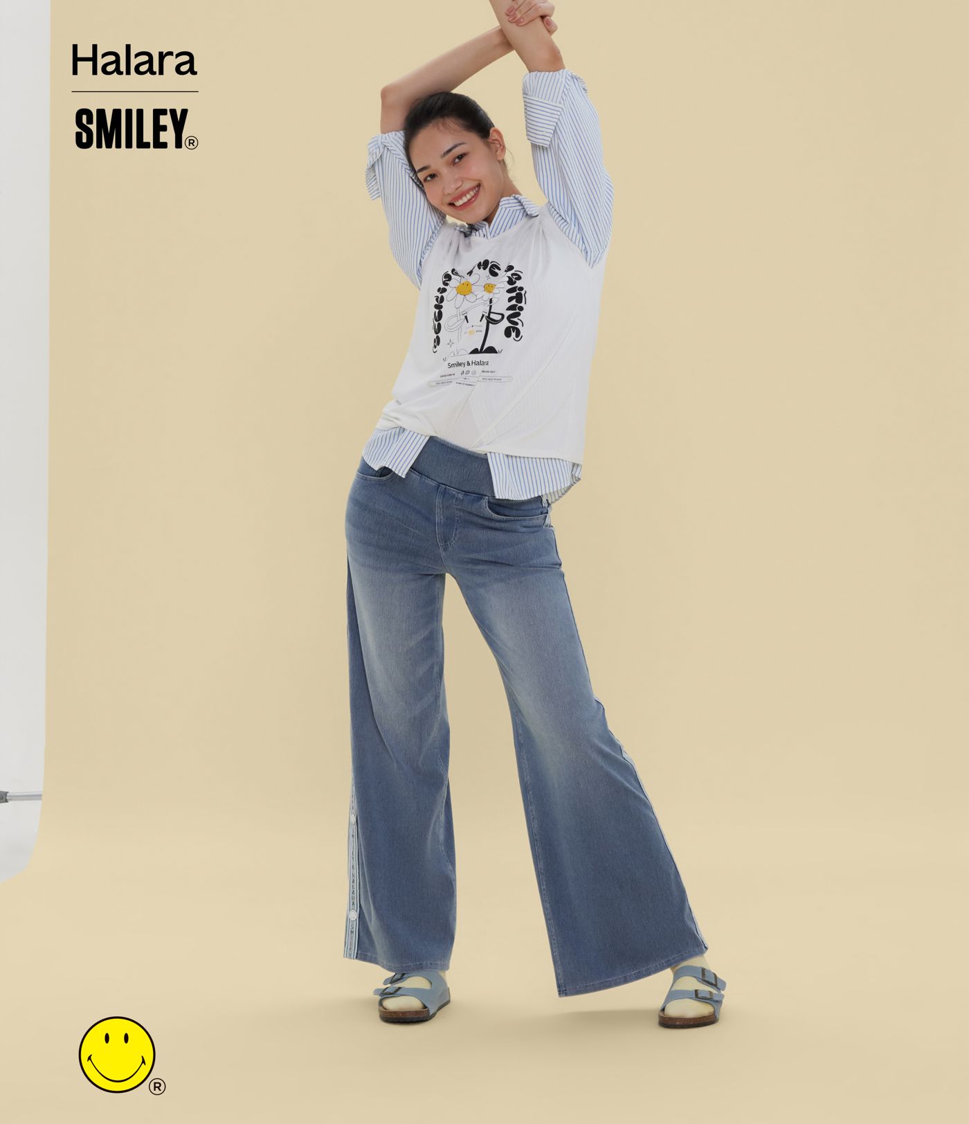 Halara X Smiley Halara Flex™ High Waisted Baggy Wide Leg Washed Casual Jeans with Pockets