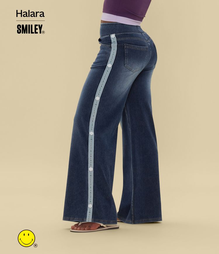 Halara X Smiley® Halara Flex™ High Waisted Baggy Wide Leg Washed Casual Jeans with Pockets