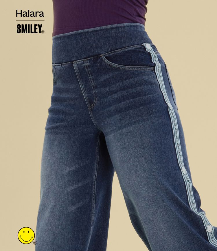 Halara X Smiley® Halara Flex™ High Waisted Baggy Wide Leg Washed Casual Jeans with Pockets