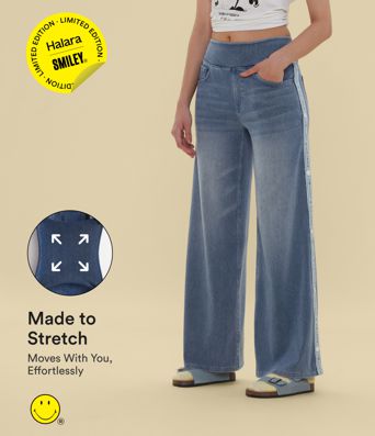 Halara X Smiley® Halara Flex™ High Waisted Baggy Wide Leg Washed Casual Jeans with Pockets