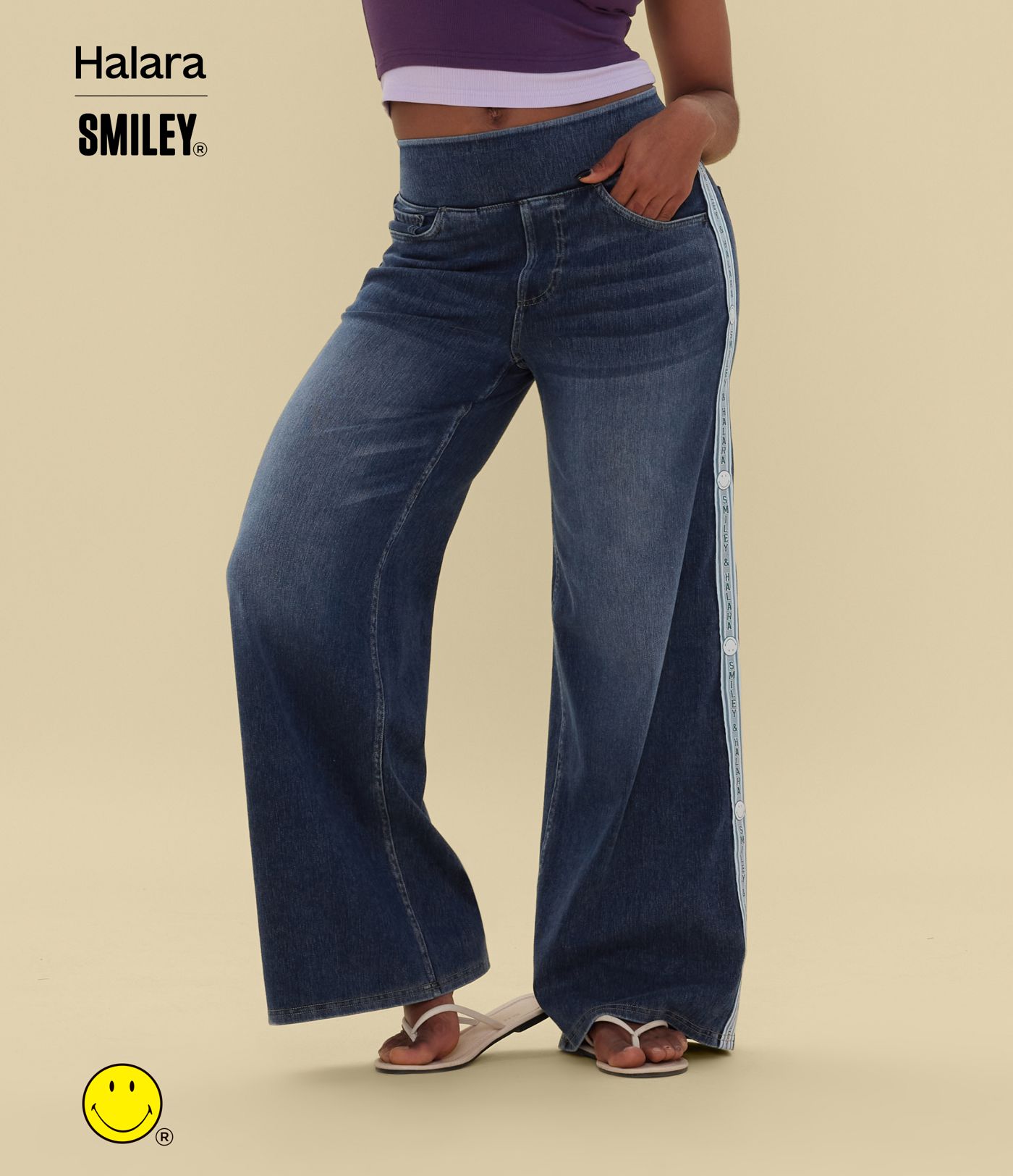 Halara X Smiley® Halara Flex™ High Waisted Baggy Wide Leg Washed Casual Jeans with Pockets
