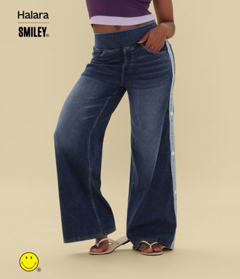 Halara X Smiley® Halara Flex™ High Waisted Baggy Wide Leg Washed Casual Jeans with Pockets