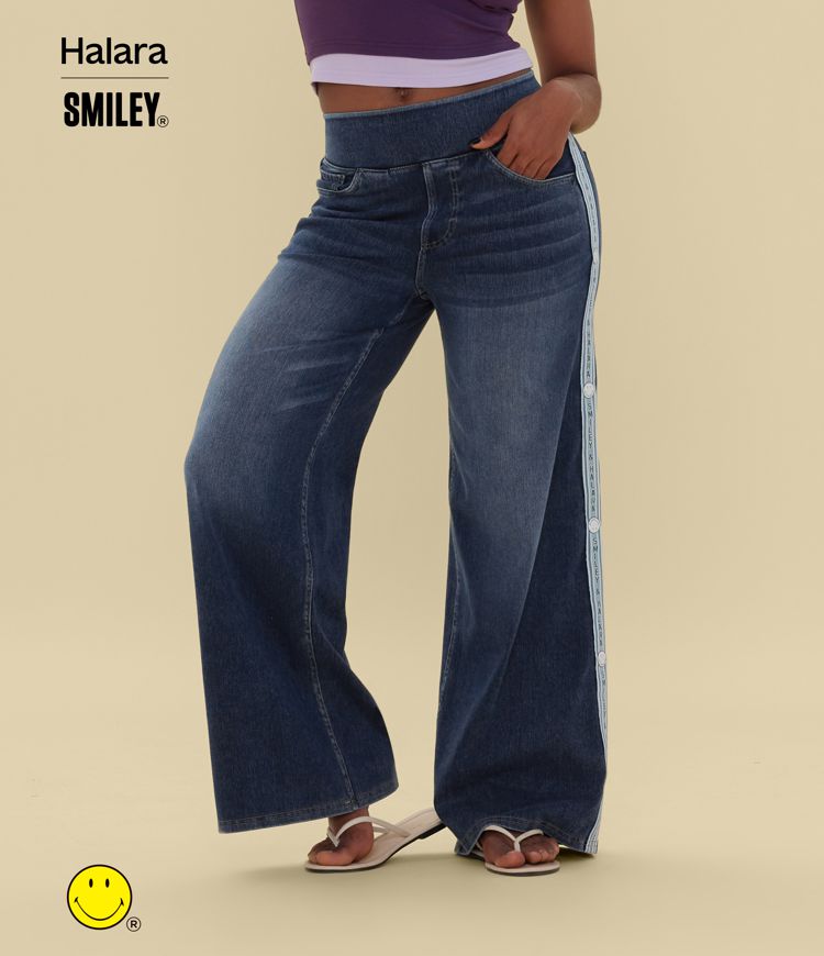 Halara X Smiley® Halara Flex™ High Waisted Baggy Wide Leg Washed Casual Jeans with Pockets