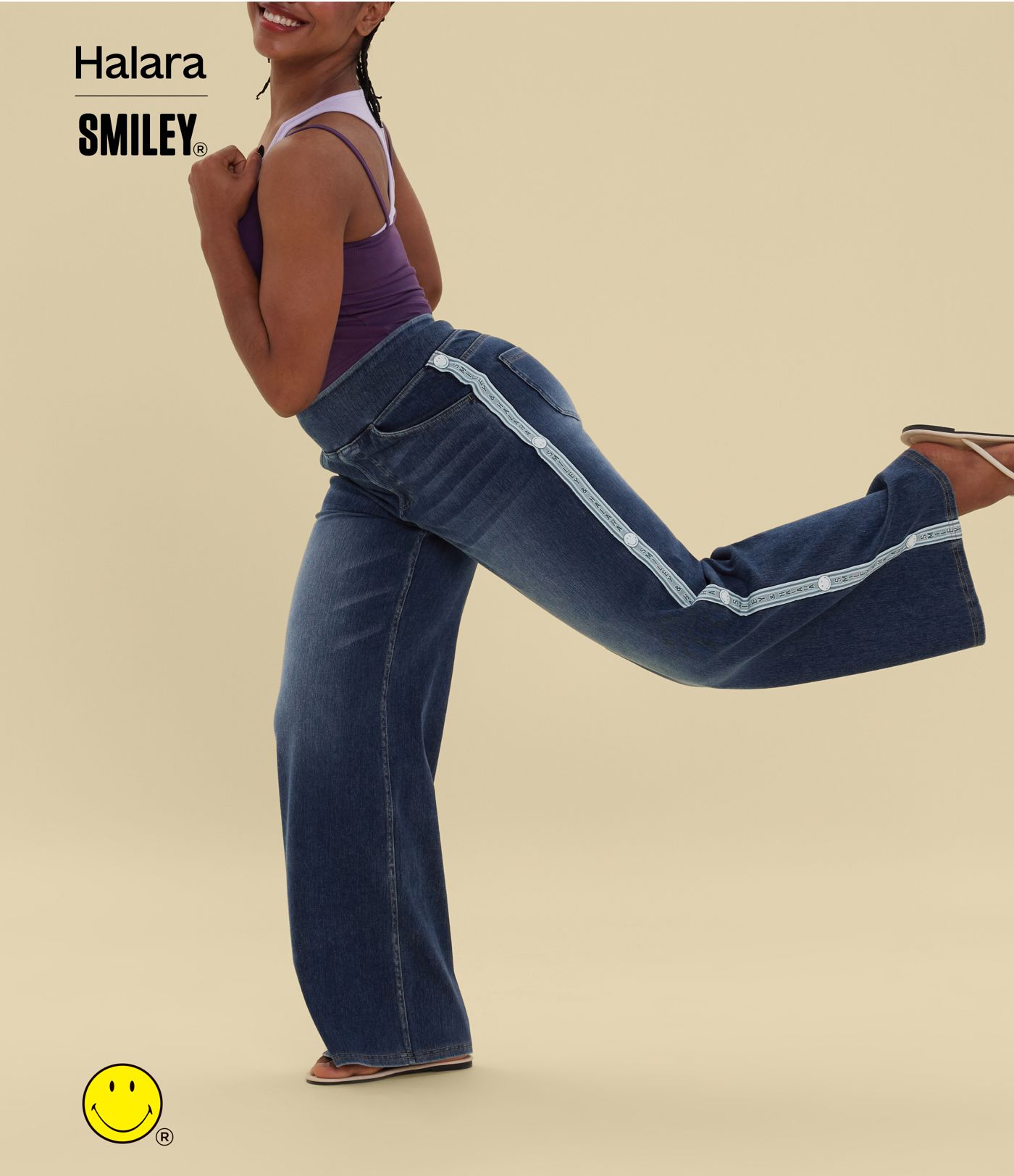 Halara X Smiley® Halara Flex™ High Waisted Baggy Wide Leg Washed Casual Jeans with Pockets