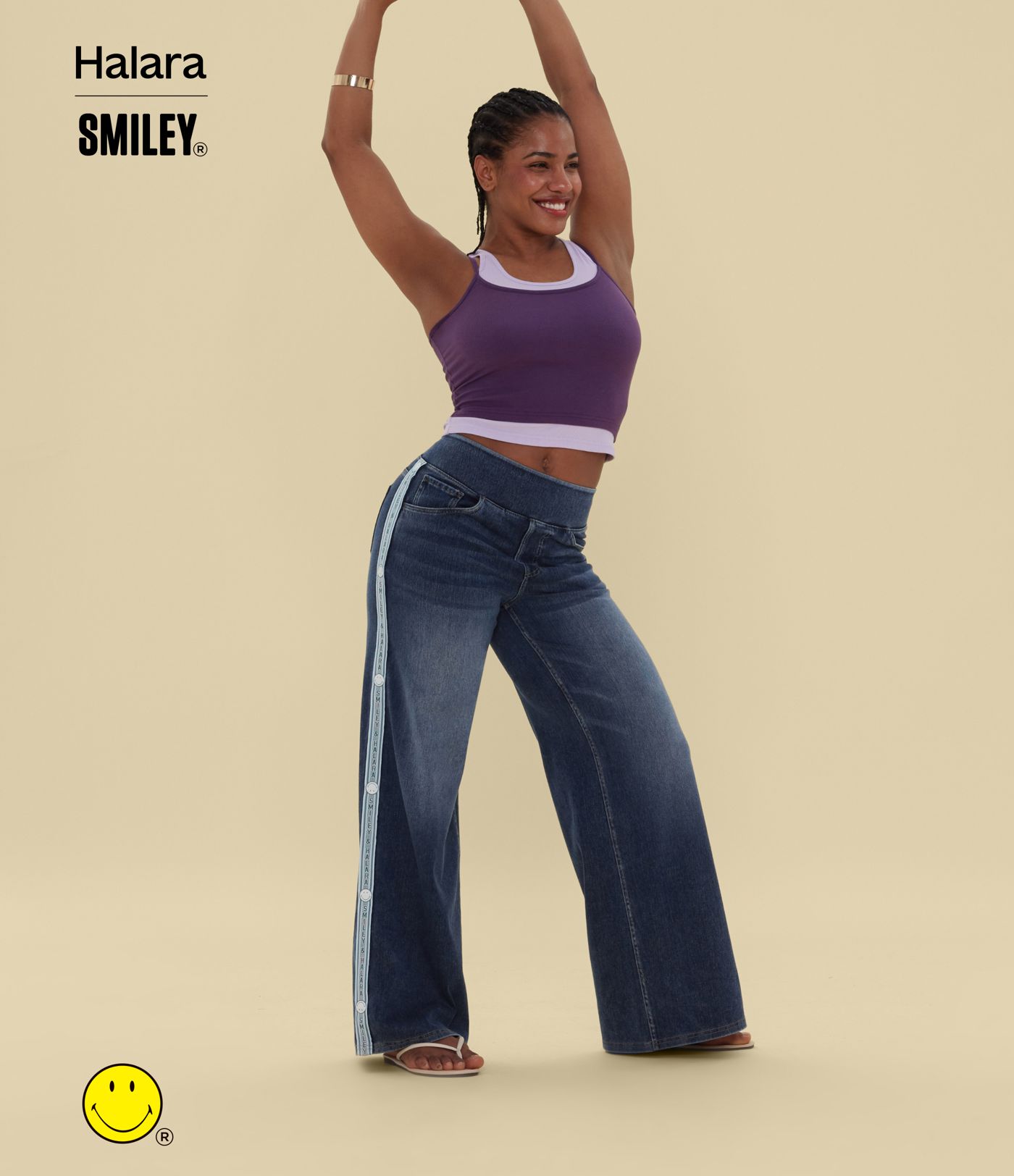Halara X Smiley® Halara Flex™ High Waisted Baggy Wide Leg Washed Casual Jeans with Pockets