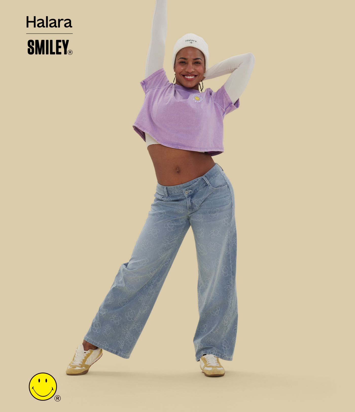 Jean large casual délavé asymétrique Halara X Smiley Halara Flex™ taille basse avec poches