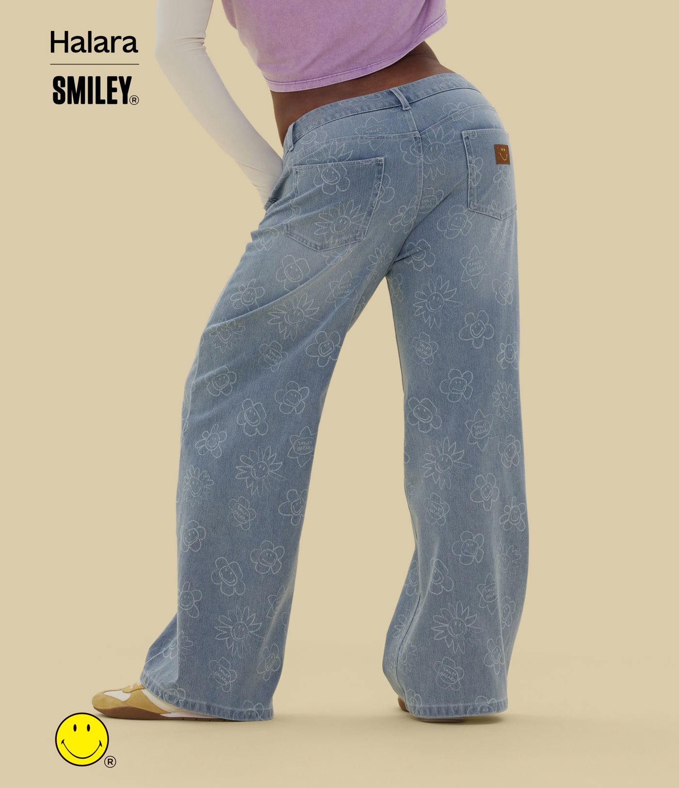 Jean large casual délavé asymétrique Halara X Smiley Halara Flex™ taille basse avec poches