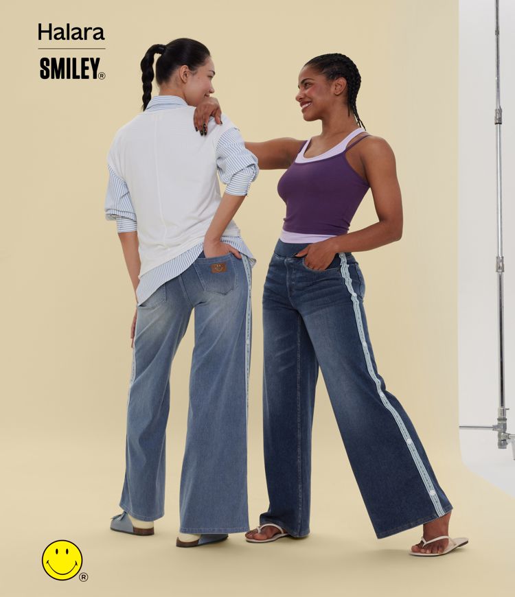 Halara X Smiley® Halara Flex™ High Waisted Baggy Wide Leg Washed Casual Jeans with Pockets