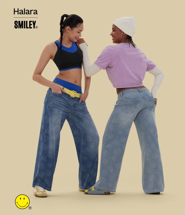 Jean large casual délavé asymétrique Halara X Smiley Halara Flex™ taille basse avec poches