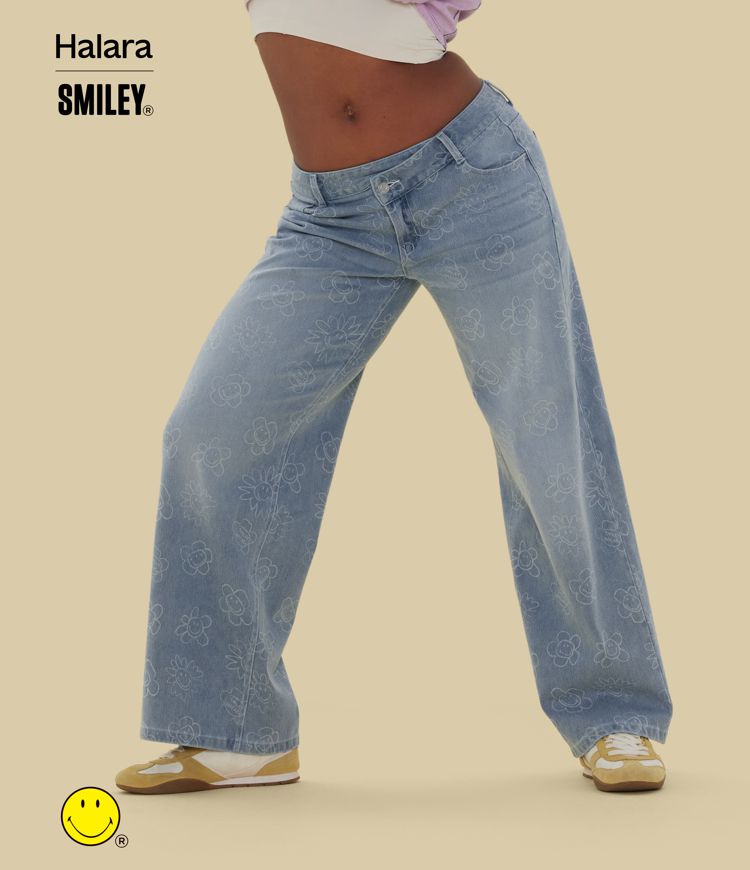 Jean large casual délavé asymétrique Halara X Smiley Halara Flex™ taille basse avec poches