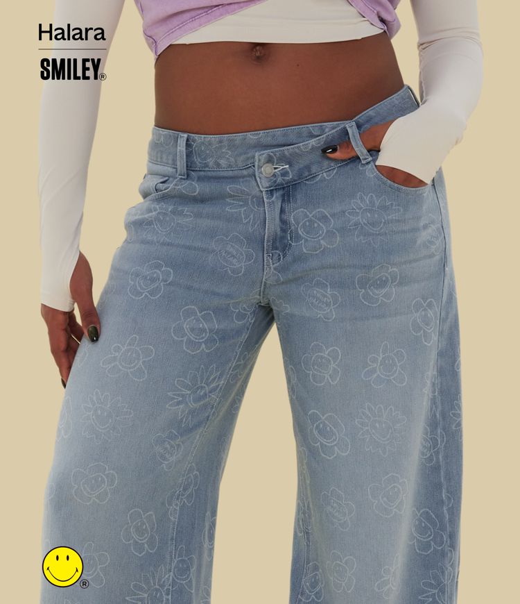 Jean large casual délavé asymétrique Halara X Smiley Halara Flex™ taille basse avec poches