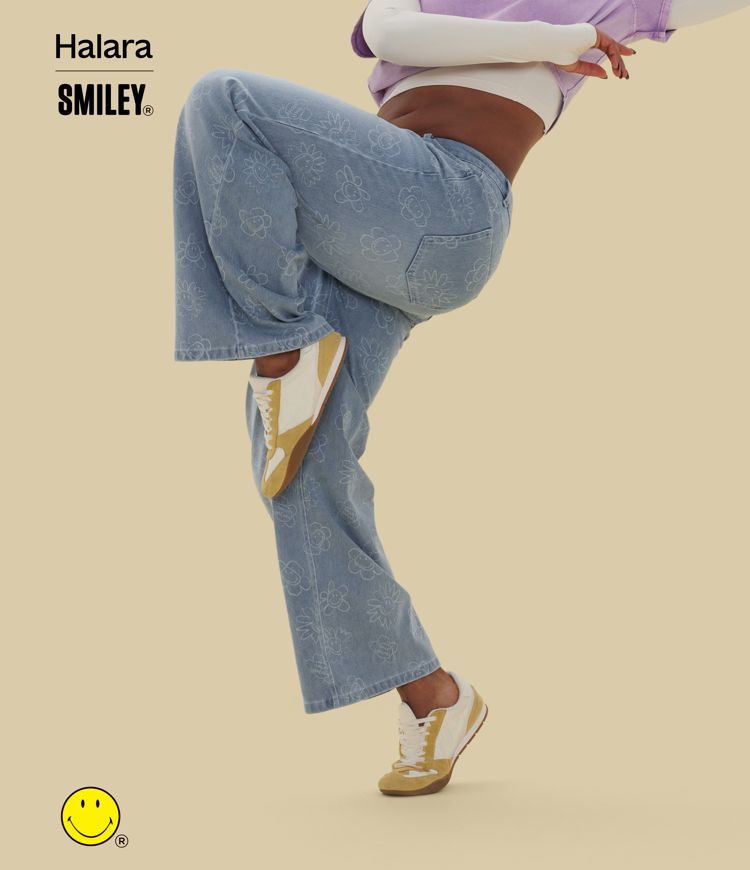 Jean large casual délavé asymétrique Halara X Smiley Halara Flex™ taille basse avec poches