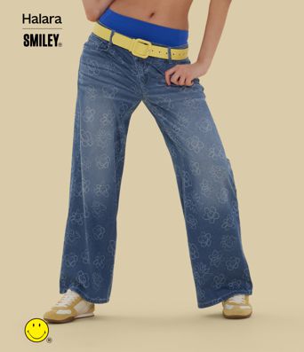 Halara X Smiley® Halara Flex™ Asymmetric Low Rise Baggy Wide Leg Washed Casual Jeans with Pockets