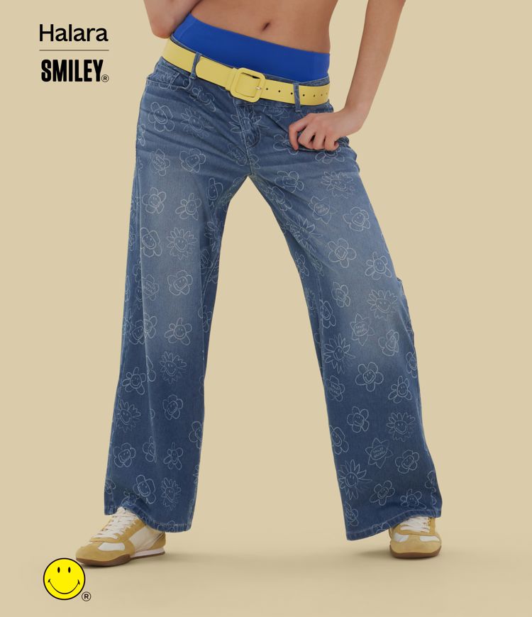 Halara X Smiley® Halara Flex™ Asymmetric Low Rise Baggy Wide Leg Washed Casual Jeans with Pockets