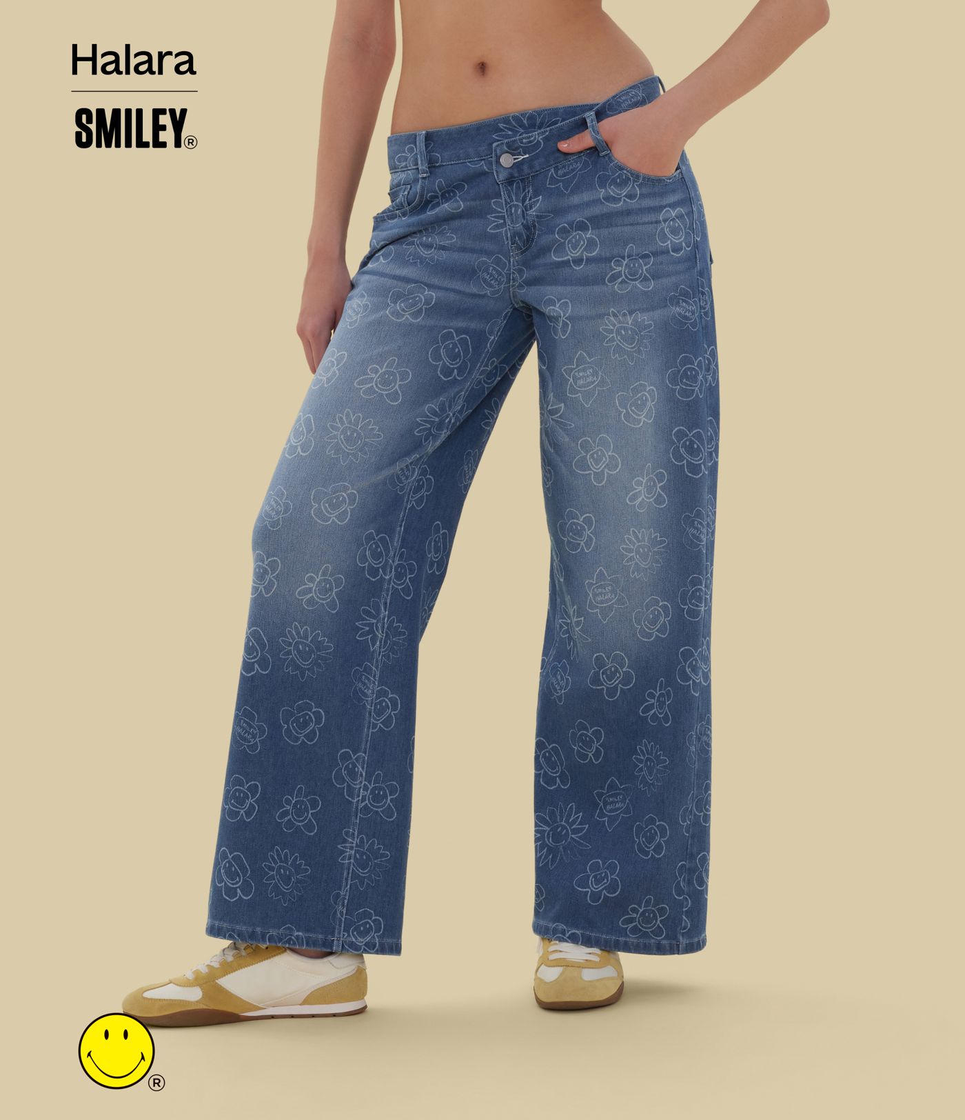 Halara X Smiley® Halara Flex™ Asymmetric Low Rise Baggy Wide Leg Washed Casual Jeans with Pockets