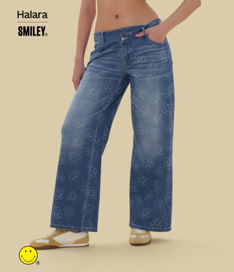 Halara X Smiley® Halara Flex™ Asymmetric Low Rise Baggy Wide Leg Washed Casual Jeans with Pockets