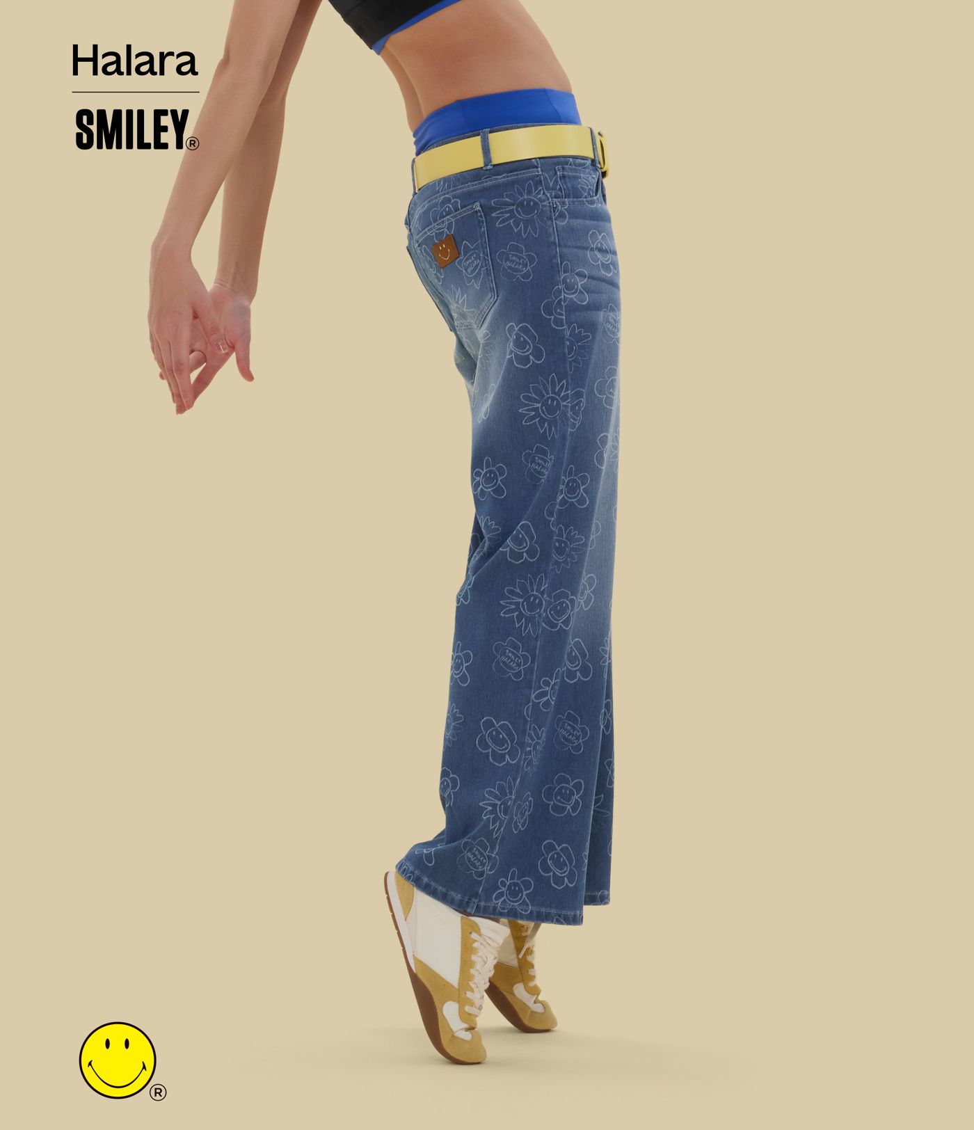 Halara X Smiley® Halara Flex™ Asymmetric Low Rise Baggy Wide Leg Washed Casual Jeans with Pockets