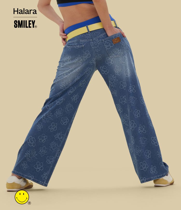 Halara X Smiley® Halara Flex™ Asymmetric Low Rise Baggy Wide Leg Washed Casual Jeans with Pockets