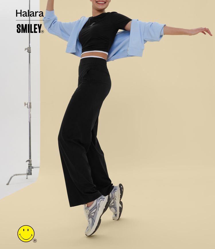 Halara X Smiley® Halara UltraSculpt™ - Yogahose mit hohem Bund, Seitentaschen, Bauchkontrolle und weitem Bein Halara X Smiley® Halara UltraSculpt™ - Yogahose mit hohem Bund, Seitentaschen, Bauchkontrolle und weitem Bein