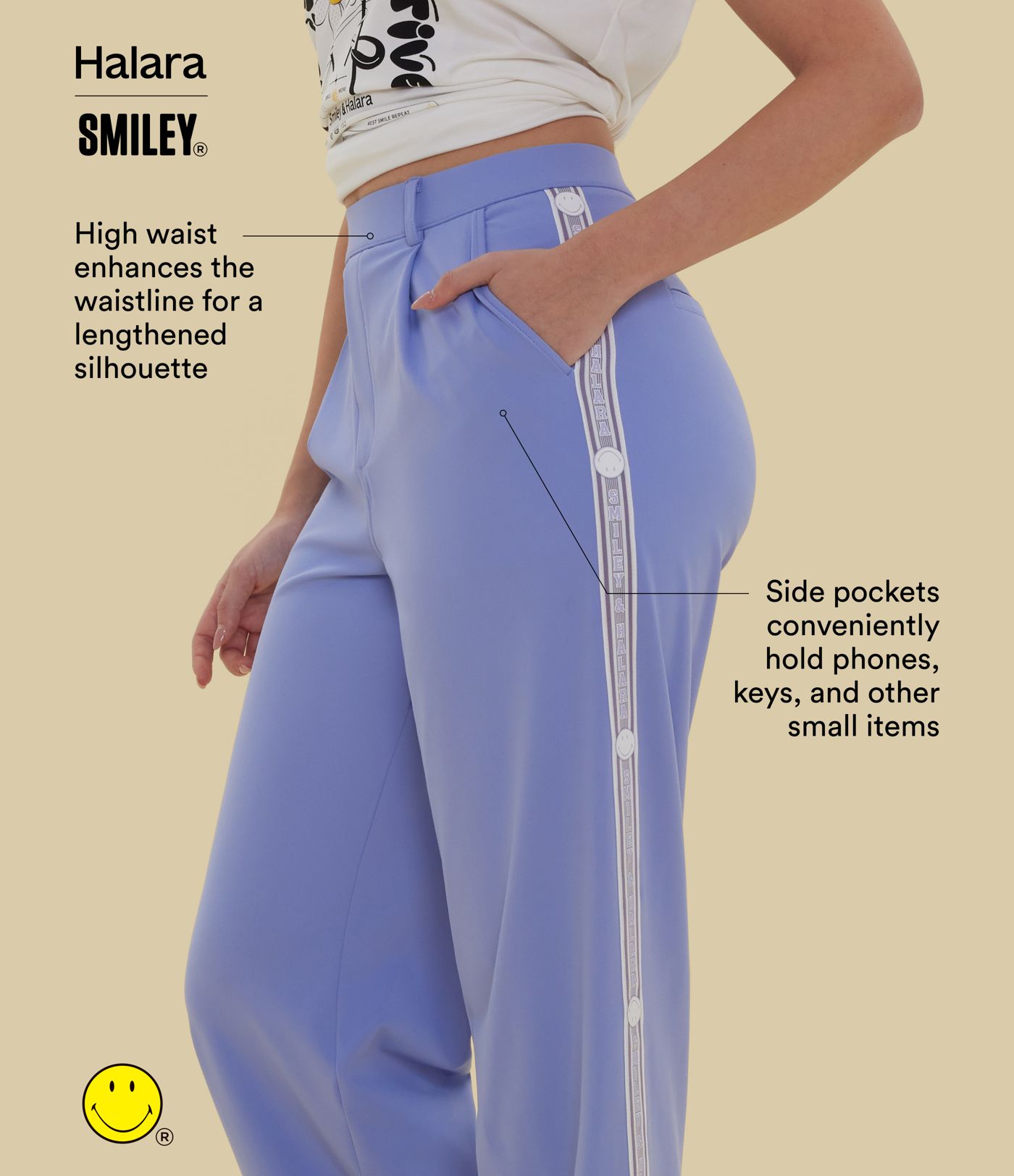 Halara X Smiley Halara Flex™ - Plissierte, elastische Stoffhose mit hohem Bund, Seitentaschen und geradem Bein