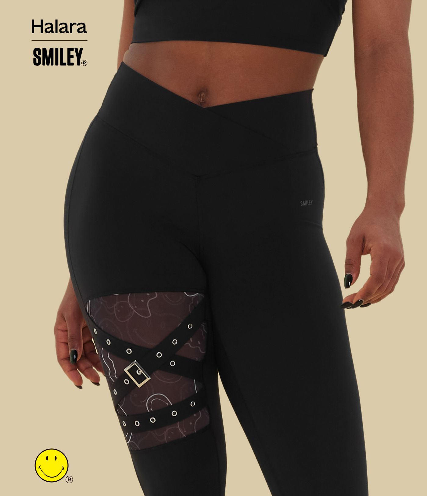 Halara X Smiley Halara UltraSculpt™ High Waisted Crossover Contrast Mesh Decorative Buckle Yoga Leggings