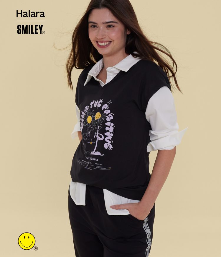 Halara X Smiley V Neck Short Sleeve Casual T-Shirt