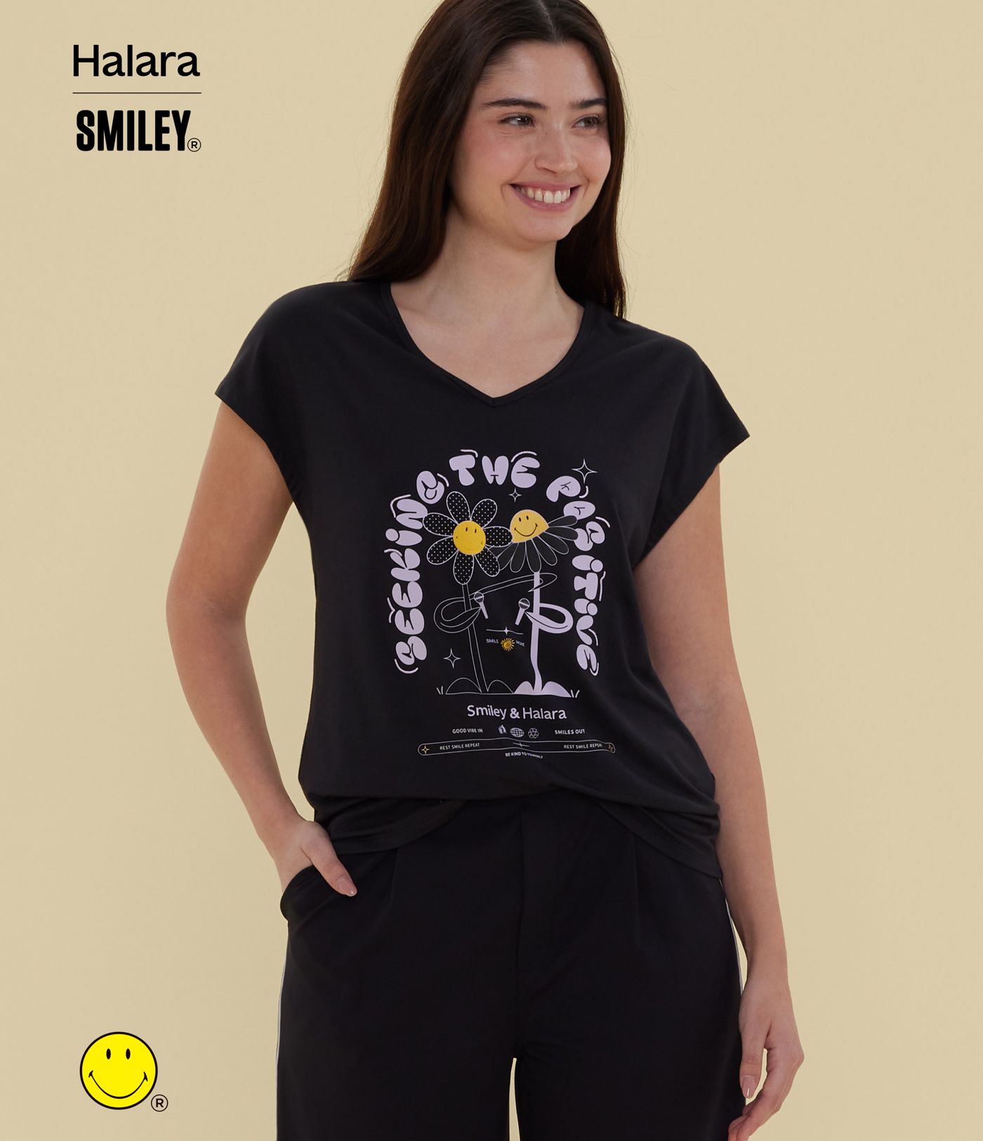 Halara X Smiley V Neck Short Sleeve Casual T-Shirt
