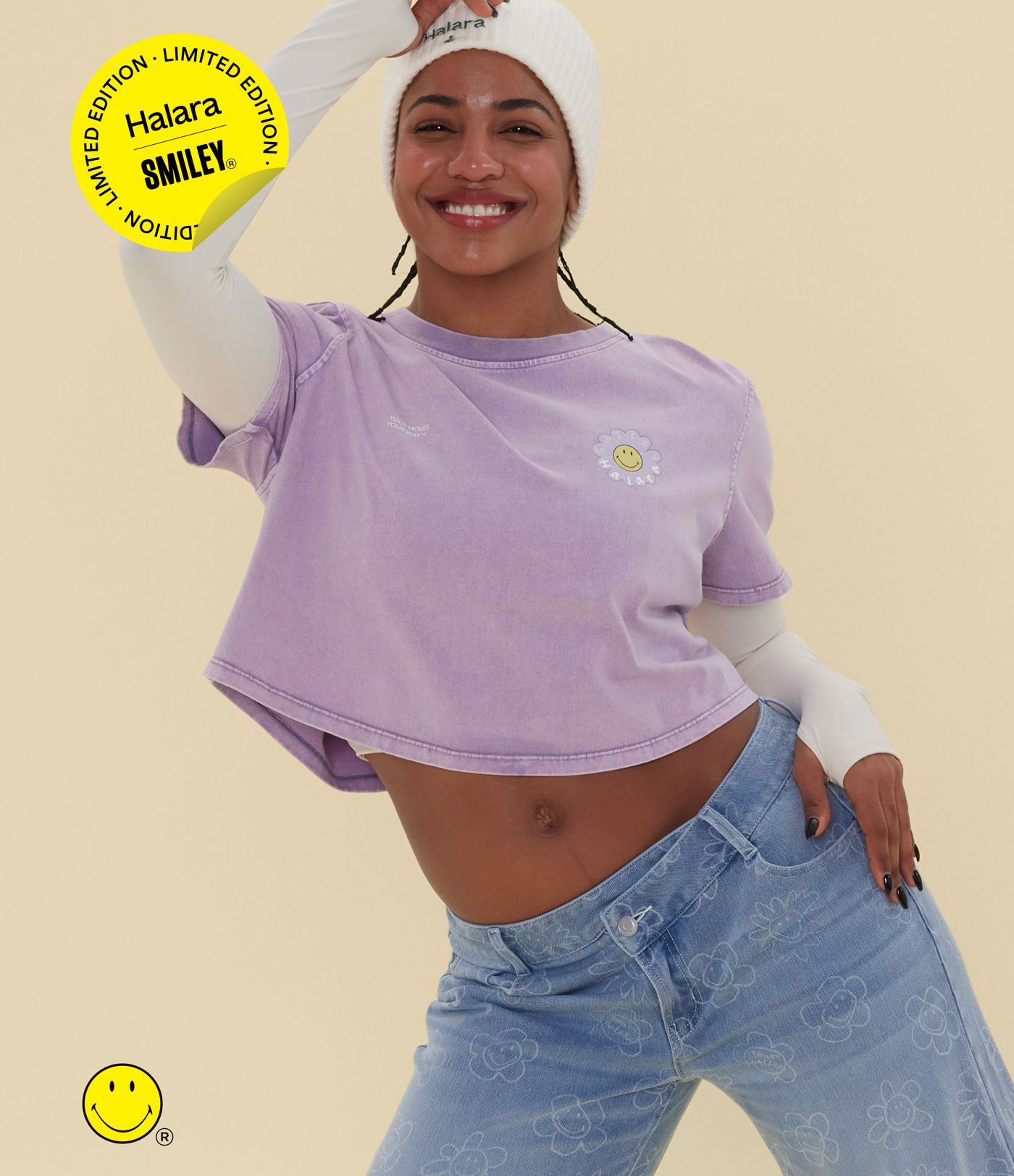 Halara X Smiley® - Lässiges T-Shirt aus Baumwolle mit Rundhalsausschnitt und kurzen Ärmeln Halara X Smiley® - Lässiges T-Shirt aus Baumwolle mit Rundhalsausschnitt und kurzen Ärmeln