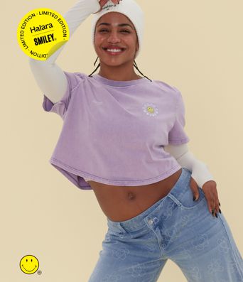 Halara X Smiley® - Lässiges T-Shirt aus Baumwolle mit Rundhalsausschnitt und kurzen Ärmeln Halara X Smiley® - Lässiges T-Shirt aus Baumwolle mit Rundhalsausschnitt und kurzen Ärmeln