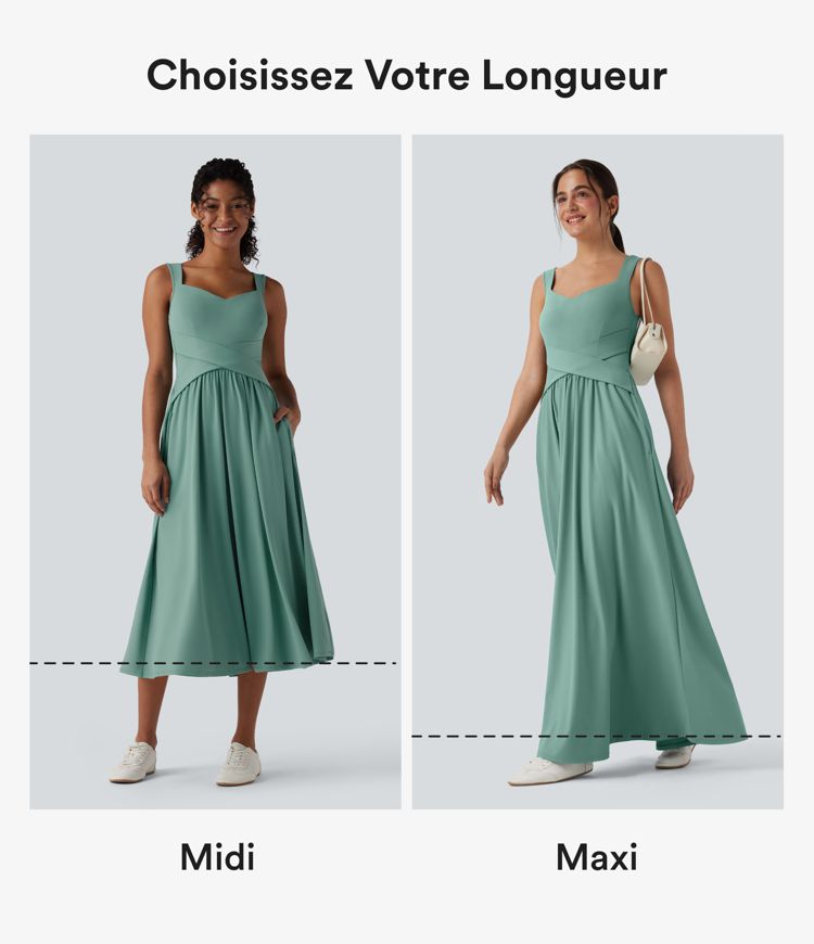 Robe décontractée midi fluide sans manches dos croisé ouvert avec poches