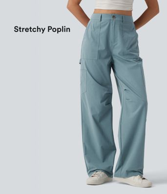 Cargo kalhoty z pružného popelínu s vysokým pasem, rovnými nohavicemi a kapsami