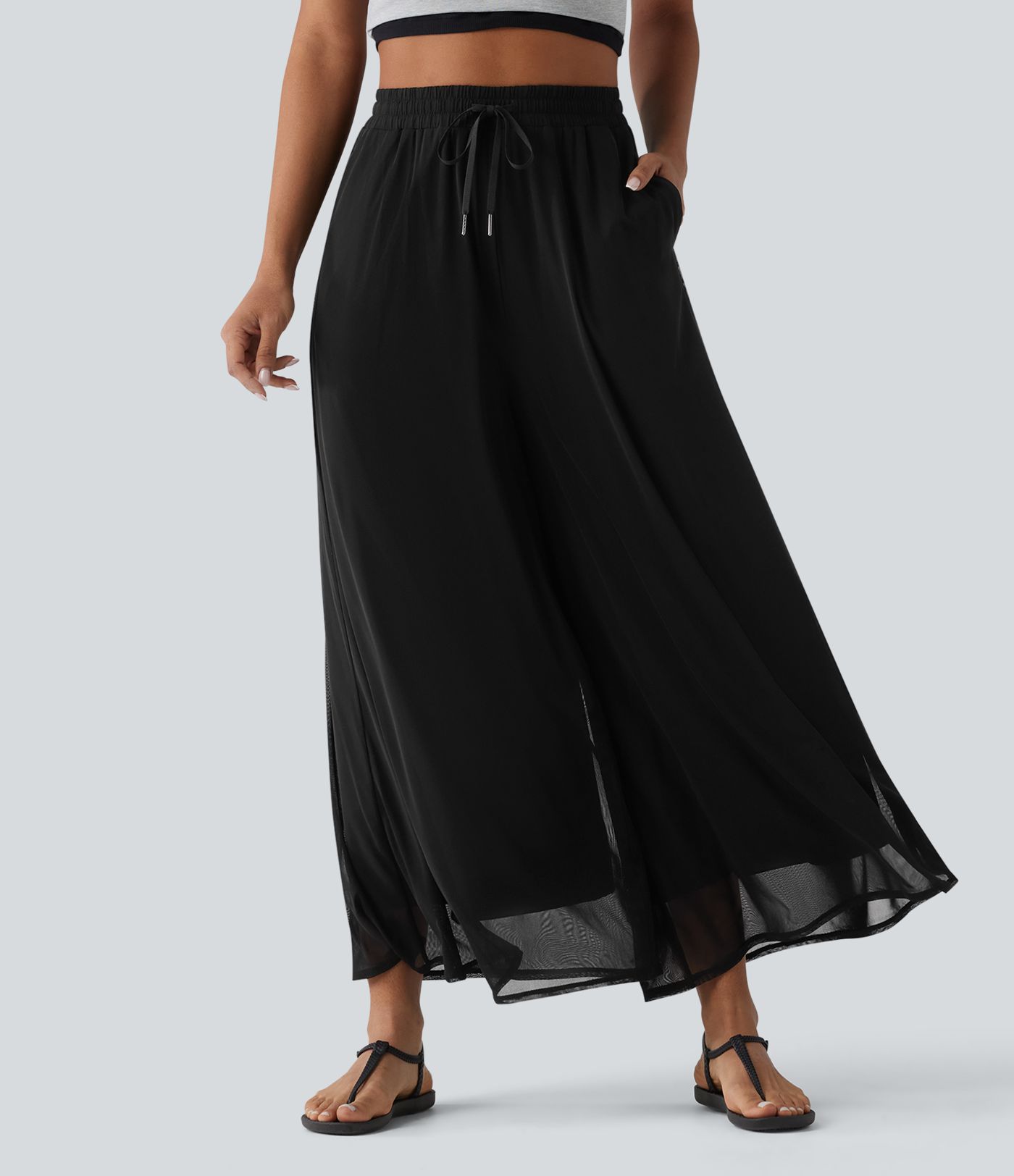 Pantalon large fluide décontracté mesh taille haute avec cordon de serrage et poches
