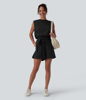 Mono corto casual de cuello redondo sin mangas con nudo delantero, tacto fresco, con bolsillos — facilísimo — UPF50+