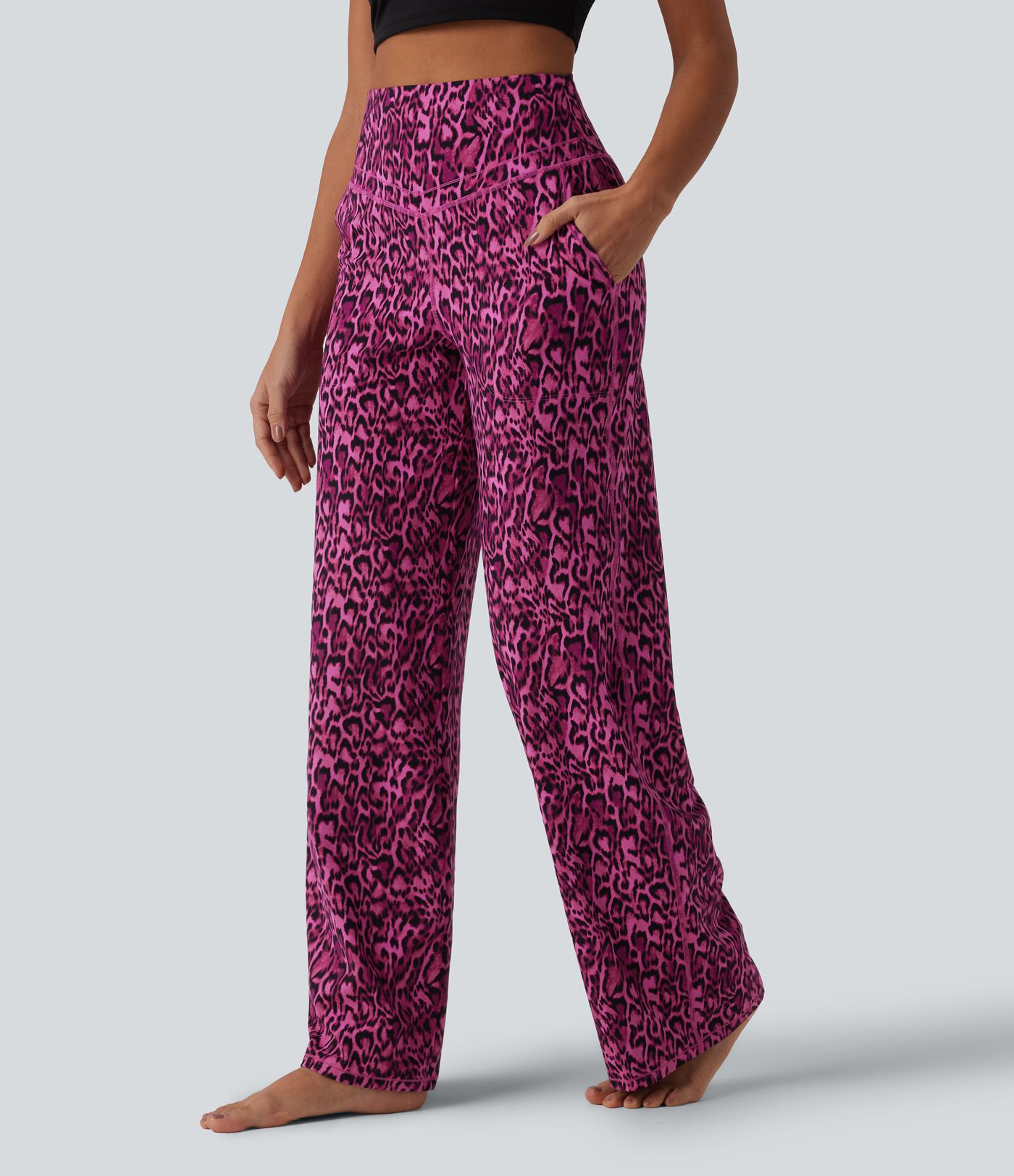 Pantalon de yoga jambes droites taille haute gainant imprimé léopard Halara UltraSculpt™ avec poches