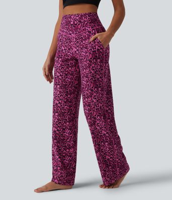 Pantalon de yoga jambes droites taille haute gainant imprimé léopard Halara UltraSculpt™ avec poches