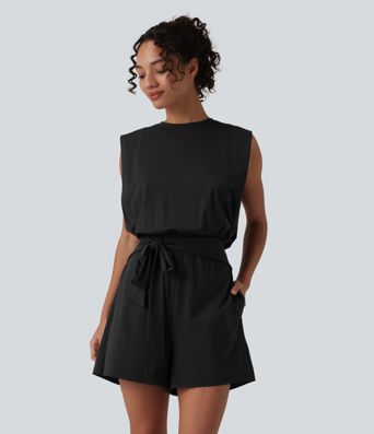 Mono corto casual de cuello redondo sin mangas con nudo delantero, tacto fresco, con bolsillos — facilísimo — UPF50+