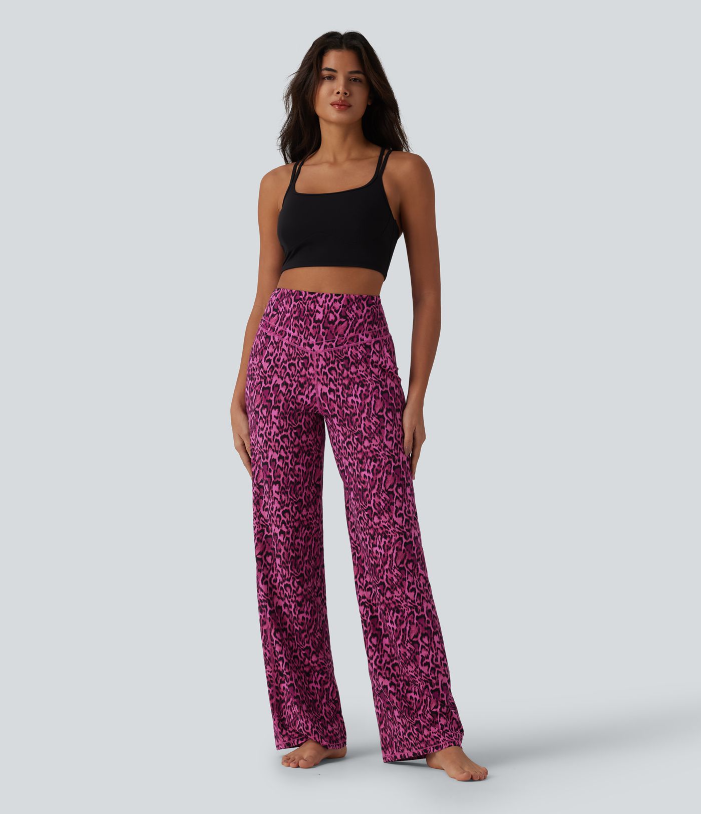 Pantalon de yoga jambes droites taille haute gainant imprimé léopard Halara UltraSculpt™ avec poches