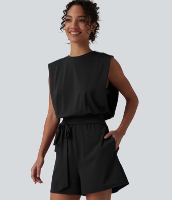 Mono corto casual de cuello redondo sin mangas con nudo delantero, tacto fresco, con bolsillos — facilísimo — UPF50+