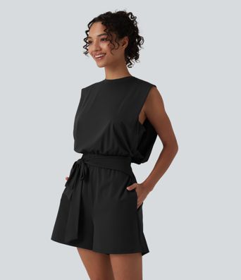 Mono corto casual de cuello redondo sin mangas con nudo delantero, tacto fresco, con bolsillos — facilísimo — UPF50+